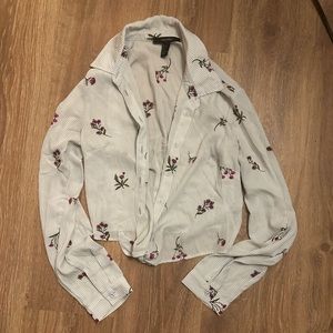 Button down sheer blue and purple floral tie crop top